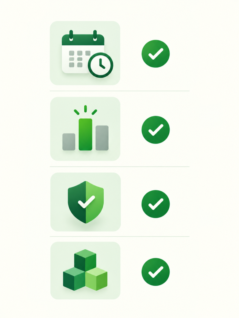 Checklist-style illustration with four icons representing timeline, competition, tracking readiness, and long-term asset building