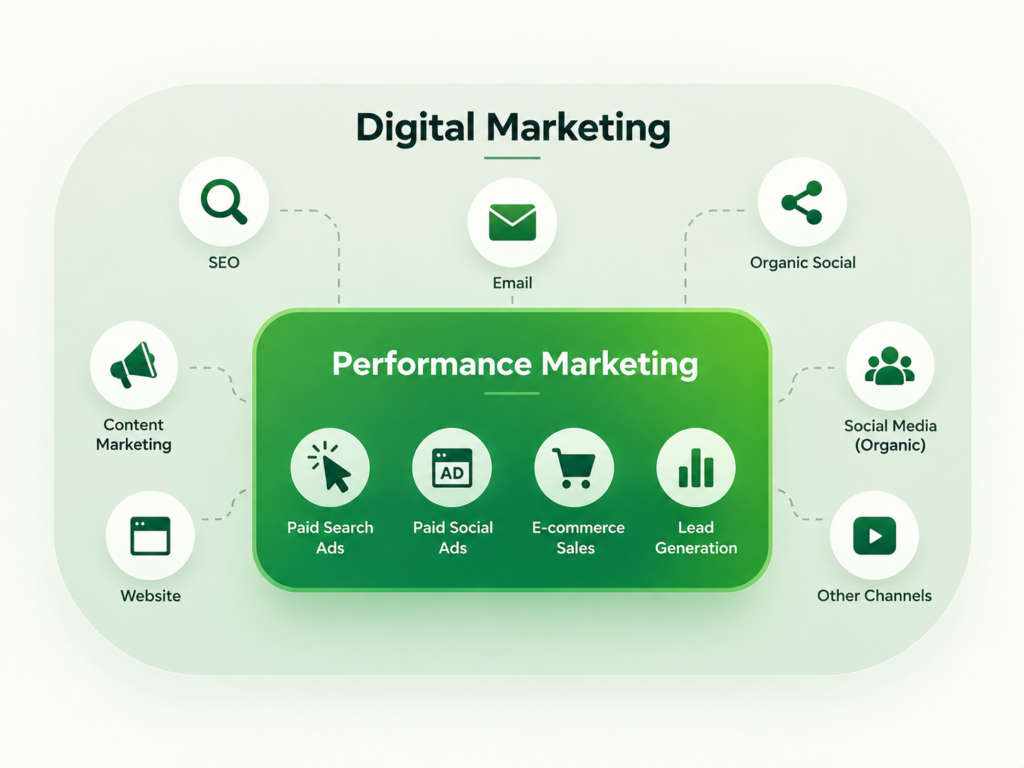Nested diagram showing performance marketing channels like paid search and shopping ads inside the broader digital marketing category