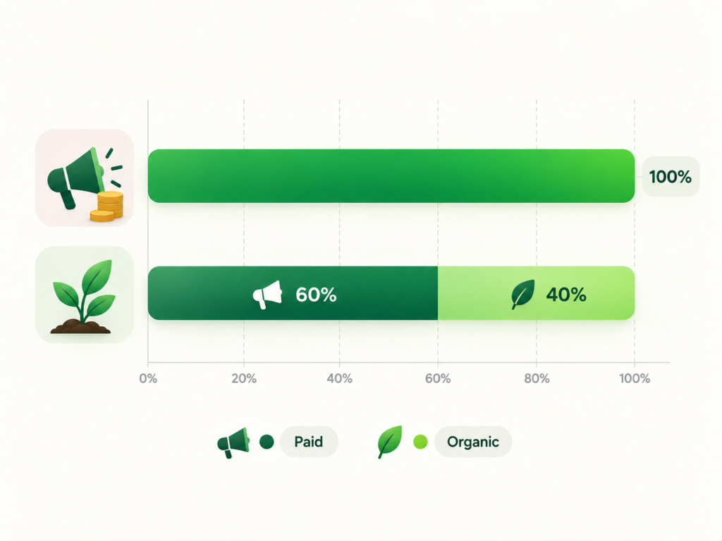 Simple bar chart illustration comparing an all-paid-advertising budget split to a mixed paid-and-organic marketing budget