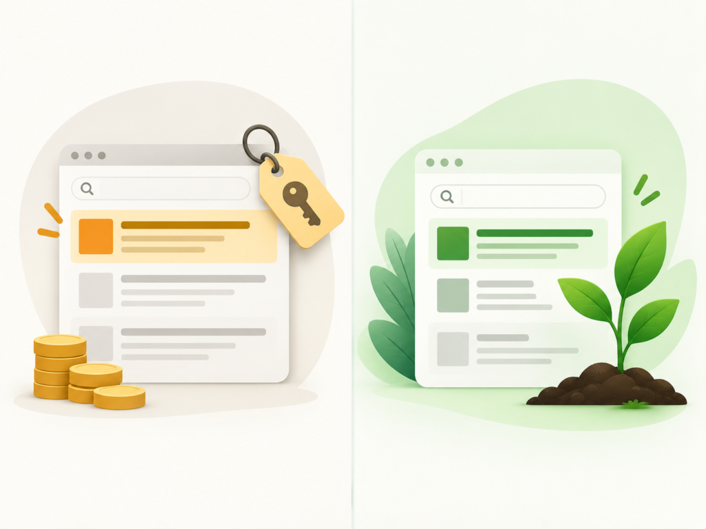 Illustration contrasting a rented advertising slot with a growing sapling representing organic content that compounds over time