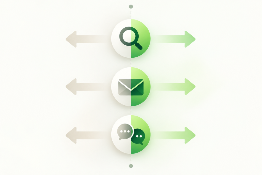 Illustration of SEO, email, and social media icons straddling a dividing line to show how they can shift between organic and paid categories