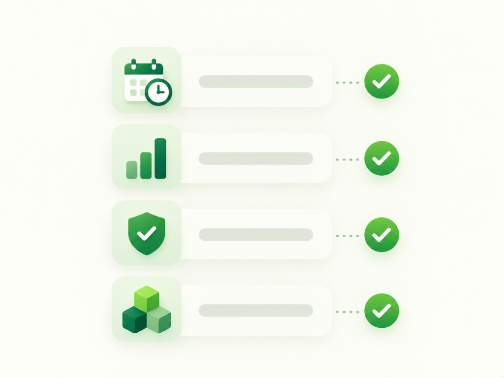 Checklist-style illustration with four icons representing timeline, competition, tracking readiness, and long-term asset building